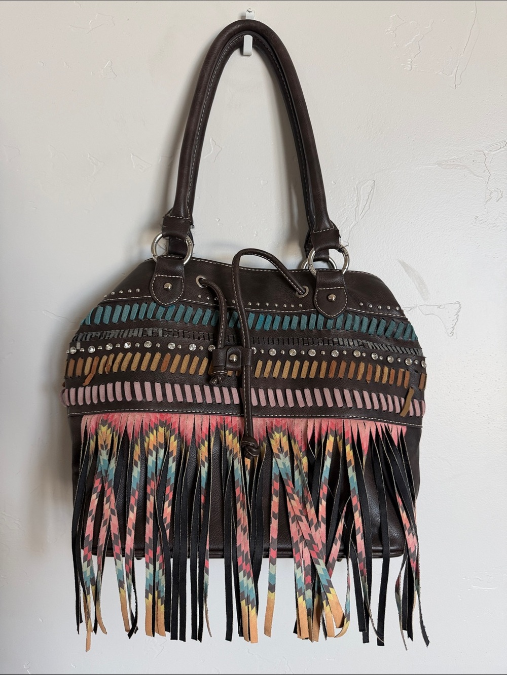 Montana West Dark Brown Fringe Shoulder Bag with Multicolor Accents